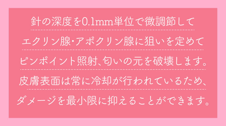 針の深度を0.1mm単位で微調節してエクリン腺・アポクリン腺に狙いを定めてピンポイント照射、匂いの元を破壊します。皮膚表面は常に冷却が行われているため、ダメージを最小限に抑えることができます。